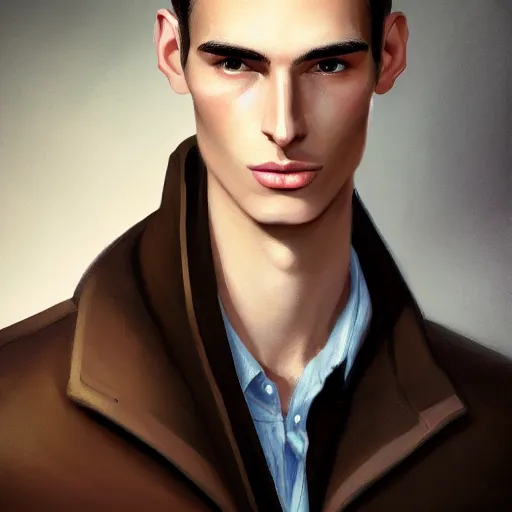 Image similar to tall man in his twenties with brown blond short quiff hair and thin slightly round facial structure with cleft chin, straight eyebrows and prominent nose, good definition of cheekbones, big hazel nut brown eyes, narrow face, slim body, atmospheric lighting, painted, intricate, 4 k, highly detailed by charlie bowater