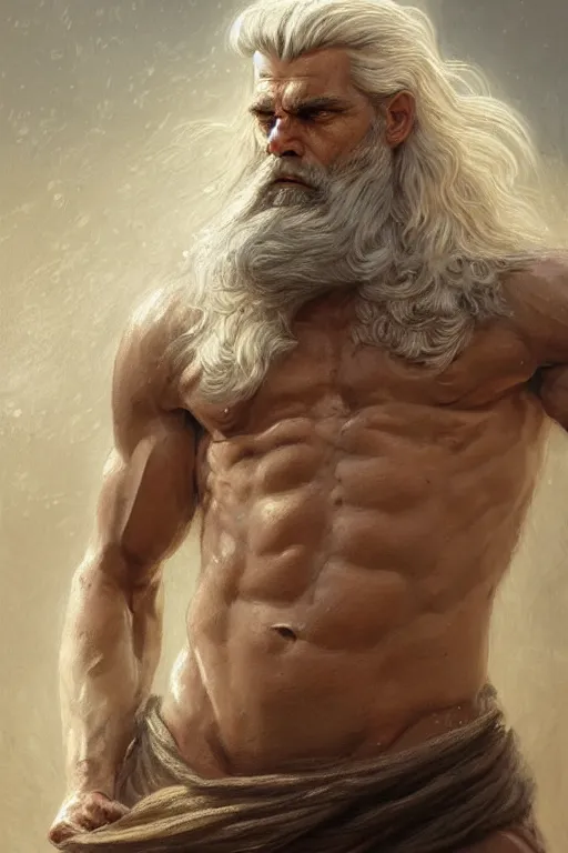 Image similar to painted portrait of rugged zeus, god of thunder, greek god, white hair, masculine, mature, handsome, upper body, muscular, hairy torso, fantasy, intricate, elegant, highly detailed, digital painting, artstation, concept art, smooth, sharp focus, illustration, art by gaston bussiere and greg rutkowski