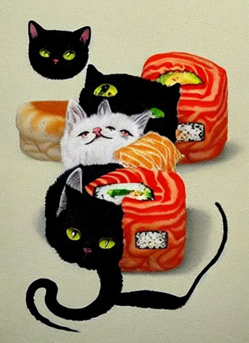 Image similar to clear surrealist painting of adorable cats made out of sushi