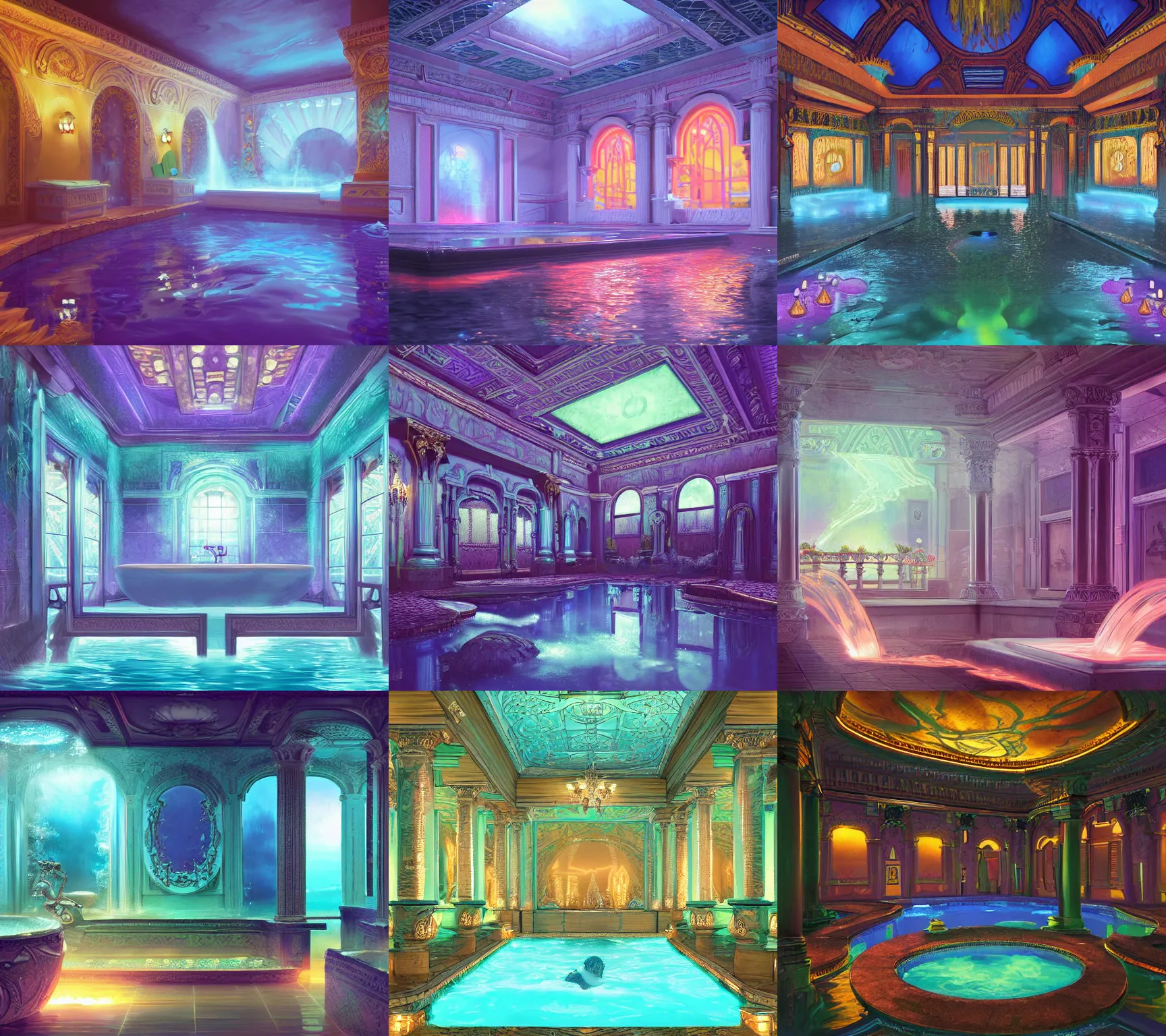 Prompt: digital painting of an Ornate vaporwave indoor bath house on Cybertron, glowing water in a large bath, long shot, trending on Artstation, matte painting digital painting, artstation, concept art, soft light, hdri, smooth, sharp focus, illustration, fantasy, intricate, elegant, highly detailed, matte painting, in the style of Greg Rutkowski and Alphonse Mucha and artemisia, 8k, highly detailed, jurgens, rutkowski, bouguereau