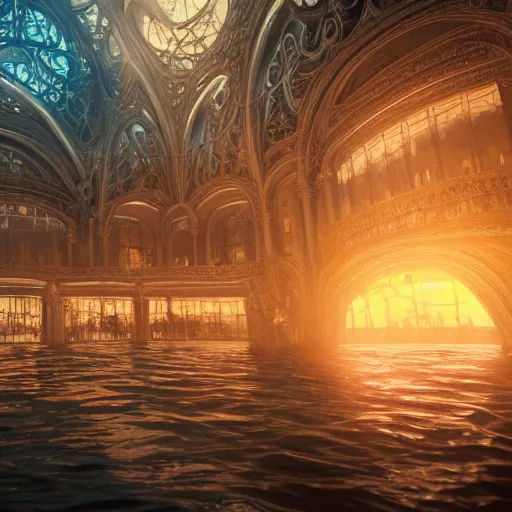 Image similar to hyperrealism, a world made of fish, architecture, glowing halo, fantasy, intricate, elegant, intricate, highly detailed, digital painting, artstation trending, ray tracing, cinematic, concept art, 4k, environment concept, cinematic unreal engine