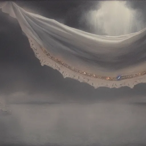 Prompt: surreal ominous bedsheet ghost floating above a bridge, oil painting, gloomy misty atmosphere, symmetrical, full body image, highly ornate intricate details,