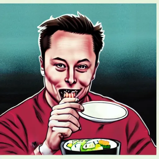 Prompt: elon musk eating sushi, digital art