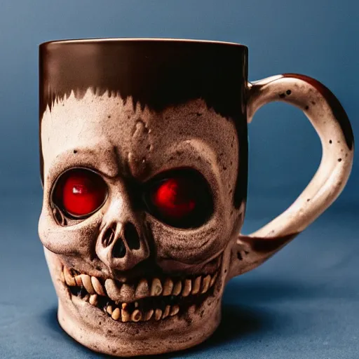 Prompt: photo of a creepy mug