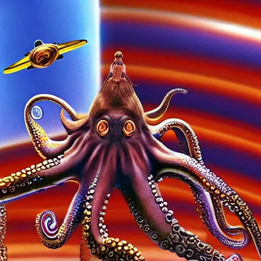 Image similar to hyperrealism photography computer simulation visualisation of detailed octopus riding on a astronaut back in the detailed ukrainian village in dramatic scene from movie the big lebowski ( 1 9 9 8 )
