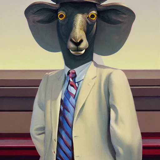 Prompt: Portrait of mr. Sheep wearing a business suit , very coherent, painted by Edward Hopper, Wayne Barlowe, painted by James Gilleard, airbrush, art by JamesJean