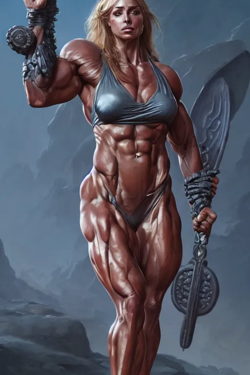 Image similar to goddess of war, accurate anatomy, IFBB fitness body, only two hands, highly detailed, digital painting, artstation, concept art, smooth, sharp focus, illustration, Unreal Engine 5, 8K, art by art by artgerm and greg rutkowski and edgar maxence