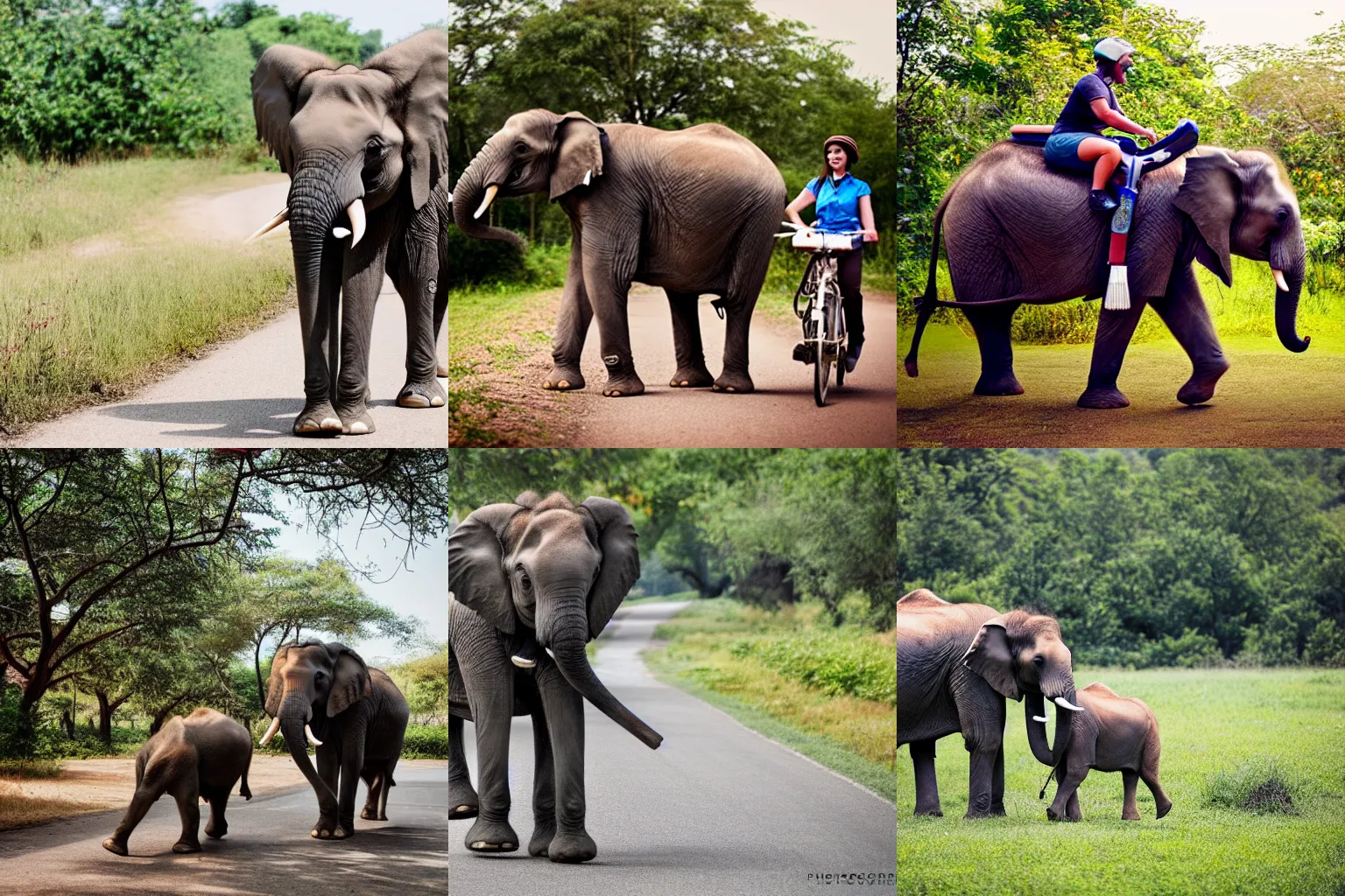 Prompt: professional photography of an elephant riding bicycle