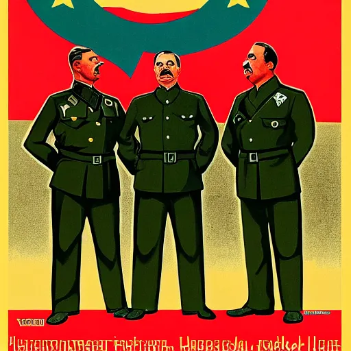 Prompt: leader of fascist hungary, viktor orban, adolf hitler and joseph stalin win farting contest together, soviet propaganda poster art from 1 9 4 4, colored, highly detailed illustration