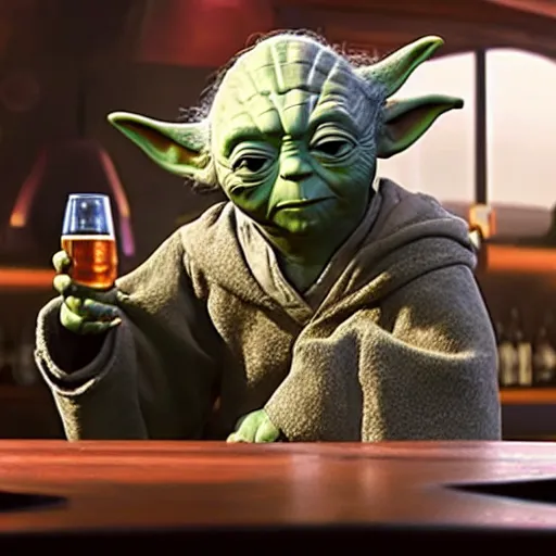 Image similar to film still of yoda drinking beer in a bar in the new star wars movie 4 k