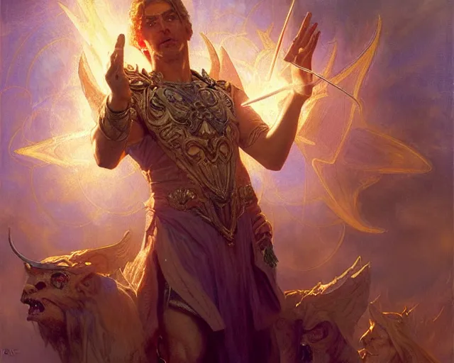 Image similar to attractive male deity, casting demonic magic, summoning handsome lucifer morning star. highly detailed painting by gaston bussiere, craig mullins, j. c. leyendecker 8 k