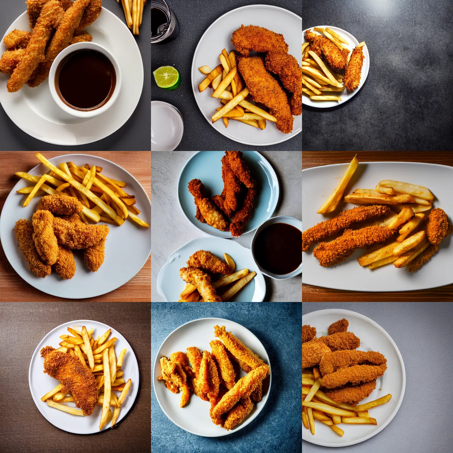 Prompt: High angle, photo of chicken tenders and fries presented on a white-colored plate, three MICHELIN stars, sitting on a mocha-colored table, 80mm lens, f-stop 2.8, warm lighting, ambient lighting