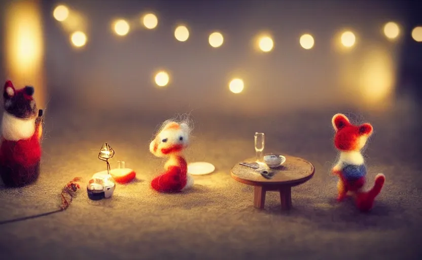 Image similar to mini cafe diorama macro photography, needle felted animals, ambient, atmospheric photograph, string lights, romantic