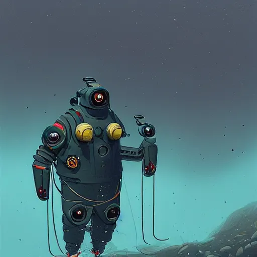 Image similar to Armored diving suit underwater, by Simon Stalenhag