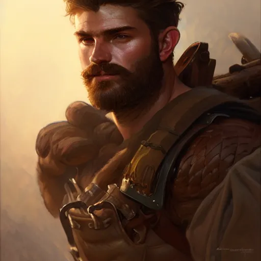 Prompt: portrait of a young rugged ranger, muscular, upper body, hairy thighs, D&D, fantasy, intricate, cinematic lighting, highly detailed, digital painting, artstation, concept art, smooth, sharp focus, illustration, art by Artgerm and Greg Rutkowski and Alphonse Mucha