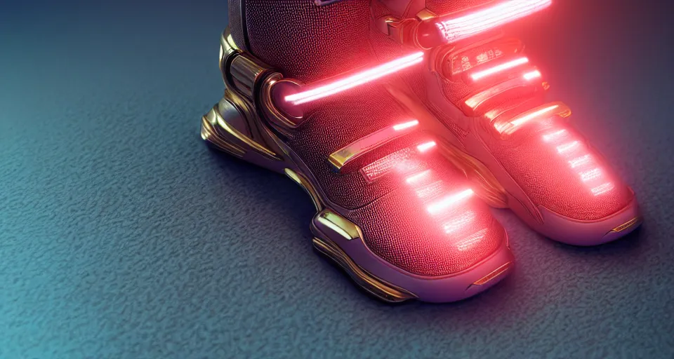 Image similar to realistic 3 d render of a cyberpunk android sneaker, beautiful studio lighting, soft, sharp focus, neon cyberpunk highlights, intricate detail, gold and red accents, soft rubber, octane render, side view, close up, trending on artstation, deviantart, moebius, artgerm, feng zhu