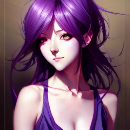 Prompt: beautiful anime girl, hourglass slim figure, purple hair and attractive features, full body portrait, seductive smile, highly detailed, digital painting, artstation, concept art, sharp focus, illustration, art by artgerm and greg rutkowski and alphonse mucha