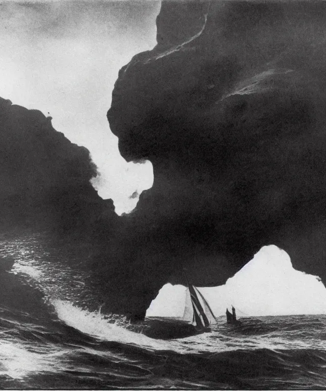 Image similar to photo of a 1 9 2 5 seiner sailing with the jamaican shoreline with the mouth of a sea cave at the waterline, dark, brooding, atmospheric, seascape, lovecraft, horror, smooth, epic, highly detailed, cinematic