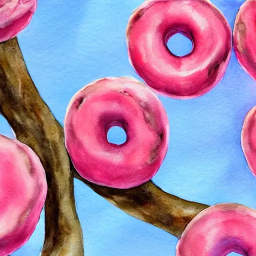 Prompt: Pink Donuts growing from a tree branch, Watercolor, photorealistic, high resolution, award winning, highly detailed, digital painting, concept art, smooth, sharp focus, illustration