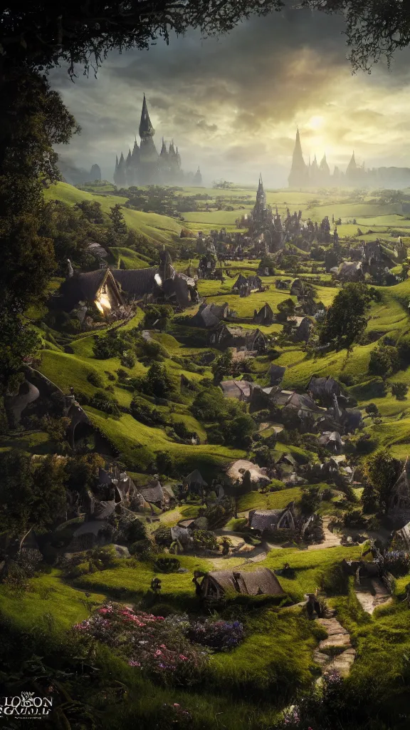 Image similar to a beautiful wide shot of hobbiton, middle earth, alan lee, fromsoftware, elden ring, dark souls, bloodborne, dark fantasy, realistic, highly detailed, 8 k, volumetric lighting, sinister lighting, detailed terrain, concept art, matte painting