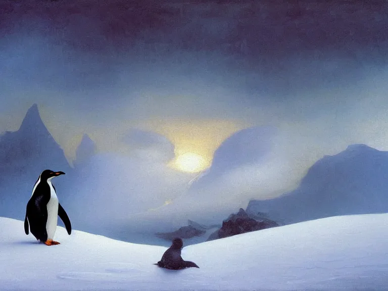 Image similar to an oil painting of a penguin playing in pure white snow on a misty glacier at dusk. aurora. by tuomas korpi moebius and carl spitzweg. baroque elements. intricate artwork by caravaggio. oil painting. oil on canvas. award winning. dramatic. trending on artstation. 8 k