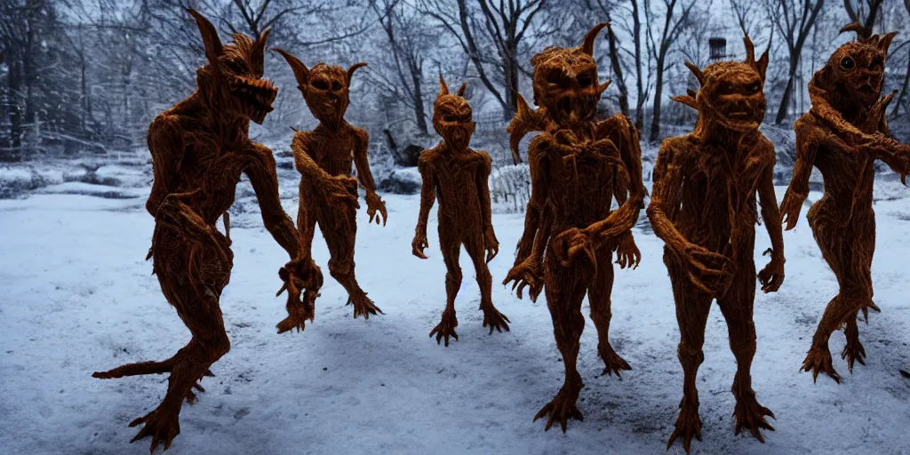 Image similar to photo of real life goblins, creepy!!!, scaly!!!, gritty!!!, menacing!!!, evil, ultra realistic, gritty, winter, golden hour, volumetric lighting, sharp focus