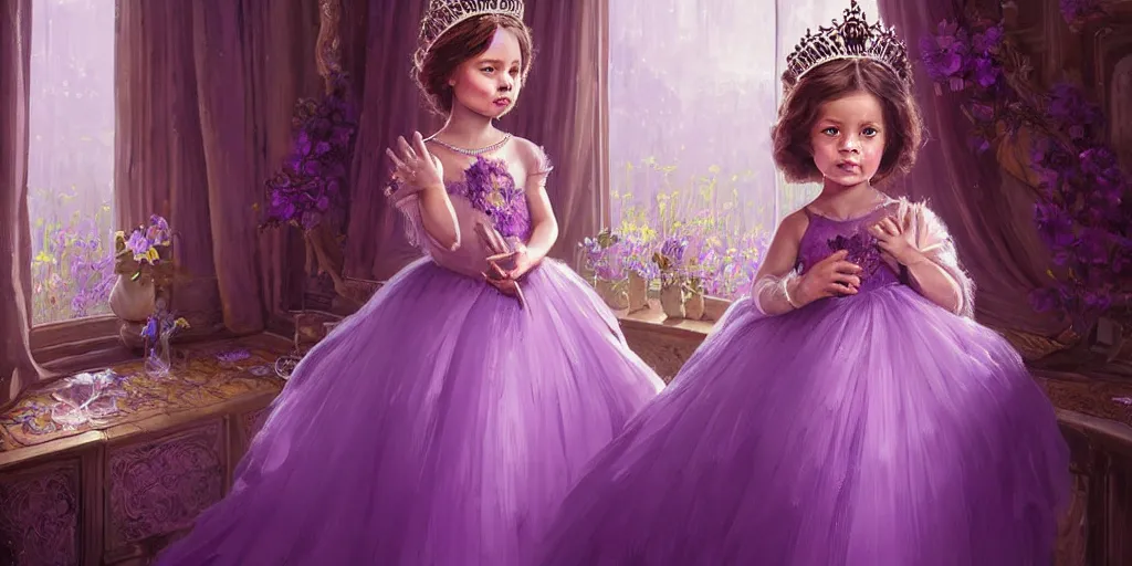 Image similar to portrait of little princess sophia is dressed in purple. her face is so beautiful, elegant and detailed. there are beautiful vases beside them, by greg rutkowski, by greg tocchini, by james gilleard, by joe gb fenton, by in kaethe butche