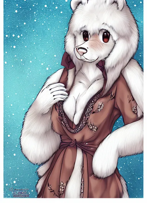 Image similar to award winning beautiful portrait commission art of a female male furry anthro polar bear fursona with a cute beautiful attractive detailed furry face wearing a summer dress at a mountain cabin. Kemono Character design by Dangan, Kishibe. detailed, inked, manga