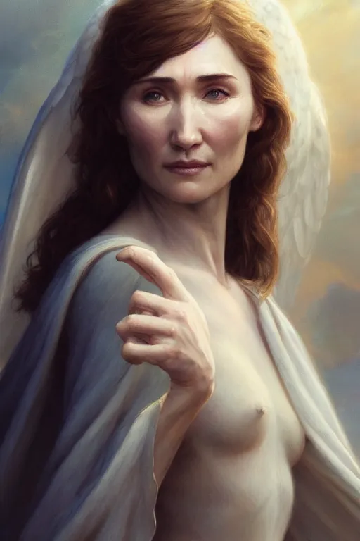 Image similar to carice van houten as a heavenly angel, anatomy, only two hands, highly detailed, digital painting, artstation, concept art, smooth, sharp focus, illustration, unreal engine 5, 8 k, art by art by artgerm and greg rutkowski and edgar maxence