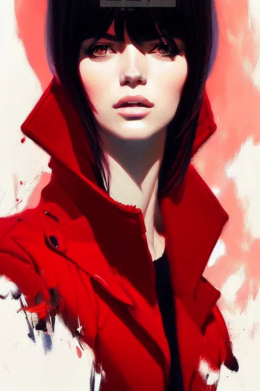 Prompt: a ultradetailed beautiful painting of a stylish woman with bangs in a red jacket, by greg rutkowski, conrad roset and ilya kuvshinov trending on artstation