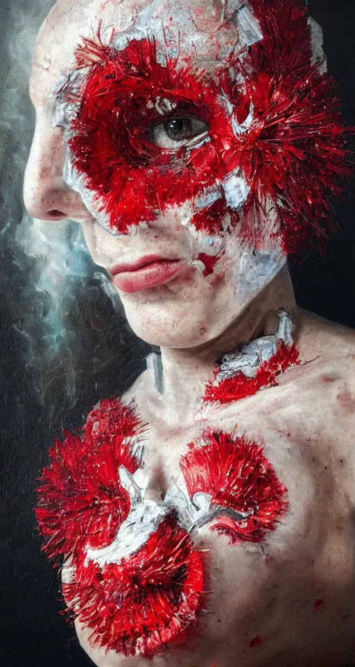 Prompt: hyperrealism oil painting, close-up portrait of cyborg, busted crushed face, broken mirrors composition, white worms pattern mixed with red cosmos, in style of classicism