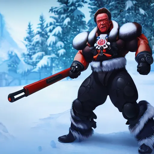 Prompt: a screenshot of arnold schwarzenegger as mei in the snow shooting frost gun in overwatch, portrait, fantasy, beautiful face, vivid colors, elegant, concept art, sharp focus, digital art, hyper - realistic, 4 k, unreal engine, highly detailed, hd, dramatic lighting by brom, trending on artstation