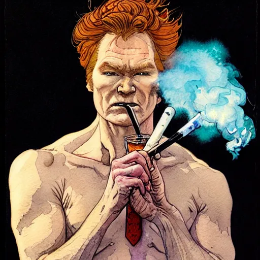 Prompt: a realistic and atmospheric watercolour fantasy character concept art portrait of conan o'brien with pink eyes wearing a wife beater and smoking a huge blunt by rebecca guay, michael kaluta, charles vess and jean moebius giraud