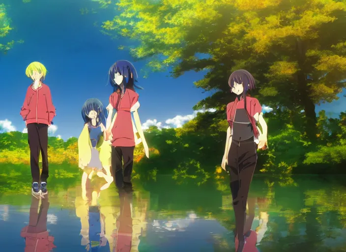 Image similar to anime screenshot pattern, anime family enjoying the scenery of a lake. original cute girl doing cute things / iyashike / slice life gainax 4 k ultrahd award winning