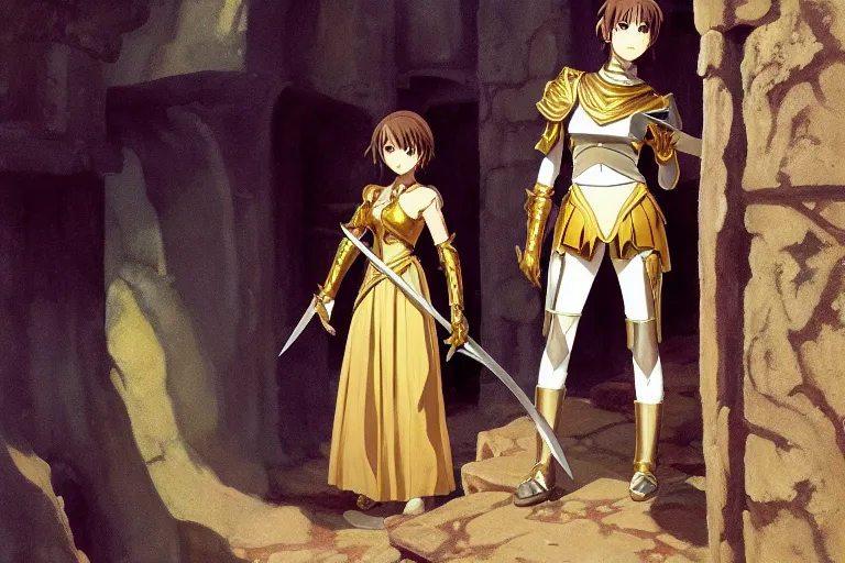 Prompt: anime key visual of young female fantasy knight, shoulder length brown hair shining detailed platinum and gold trim armor, wielding two bloody daggers, standing in the doorway of an ancient stone silver monastery, style of jamie wyeth james gilleard edward hopper greg rutkowski acrylic painting, preserved museum piece, historical