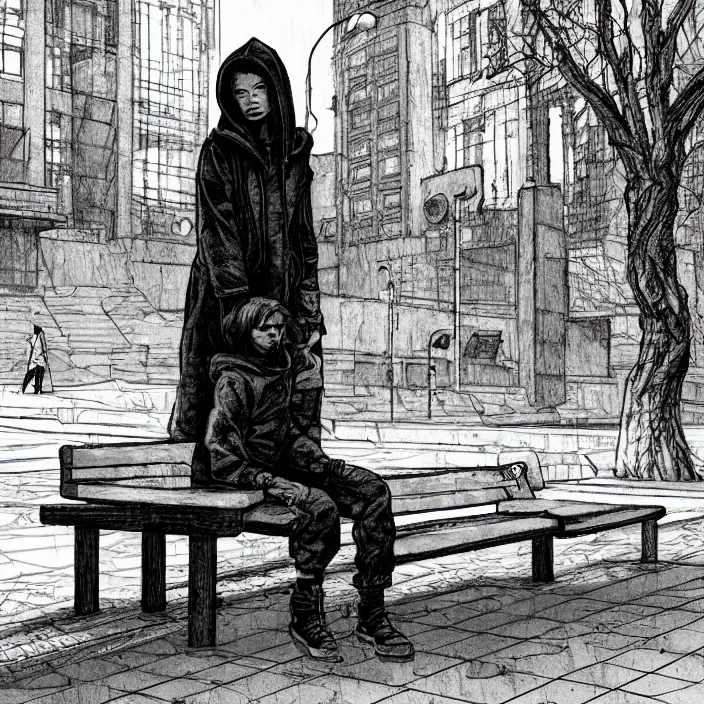 Image similar to storyboard : sadie sink in hoodie sitting on a bench in ruined square, pedestrians walk by, soviet monument and propaganda posters. scifi cyberpunk. by gabriel hardman. cinematic atmosphere, detailed and intricate, perfect anatomy