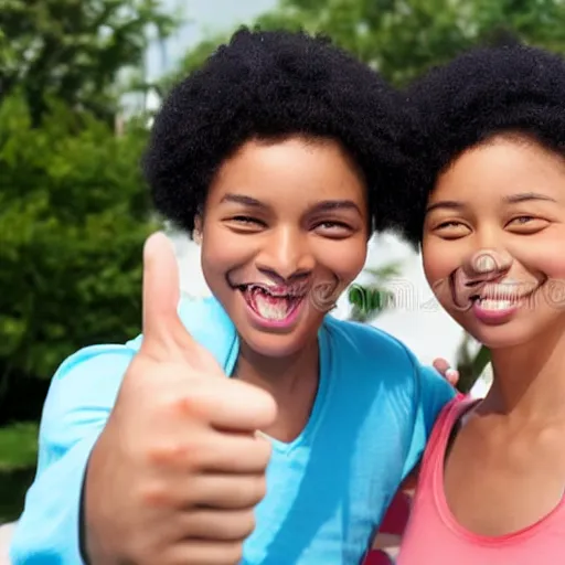 Image similar to twins making a thumbs up and smiling, photorealistic, stock photo