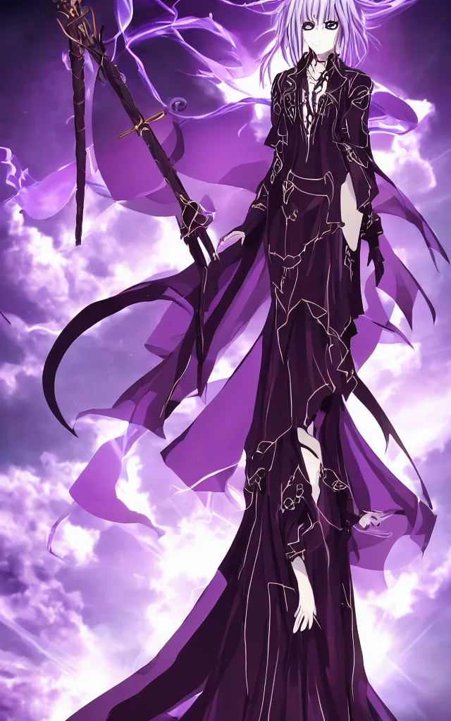 Image similar to an attractive anime female necromancer mage symmetrical, donned in black cloak with purple staff full body in frame