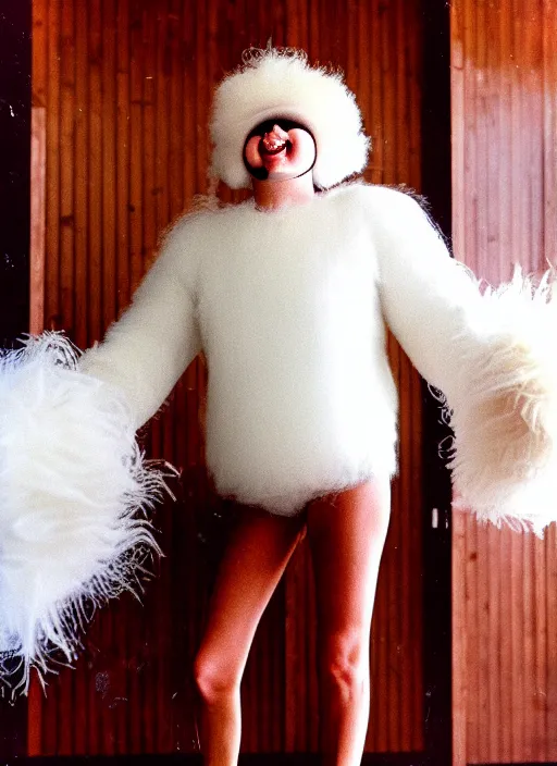 Image similar to realistic photo portrait of the person, white carnival fluffy mask no eyes no mouth, wearing hairy fluffy cotton shorts, dancing in the spacious wooden polished and fancy expensive wooden laboratory hall interior 1 9 9 0, life magazine reportage photo