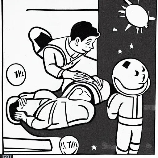 Prompt: astronaut performing CPR, on an injured astronaut, in orbit, 1950s cartoon style