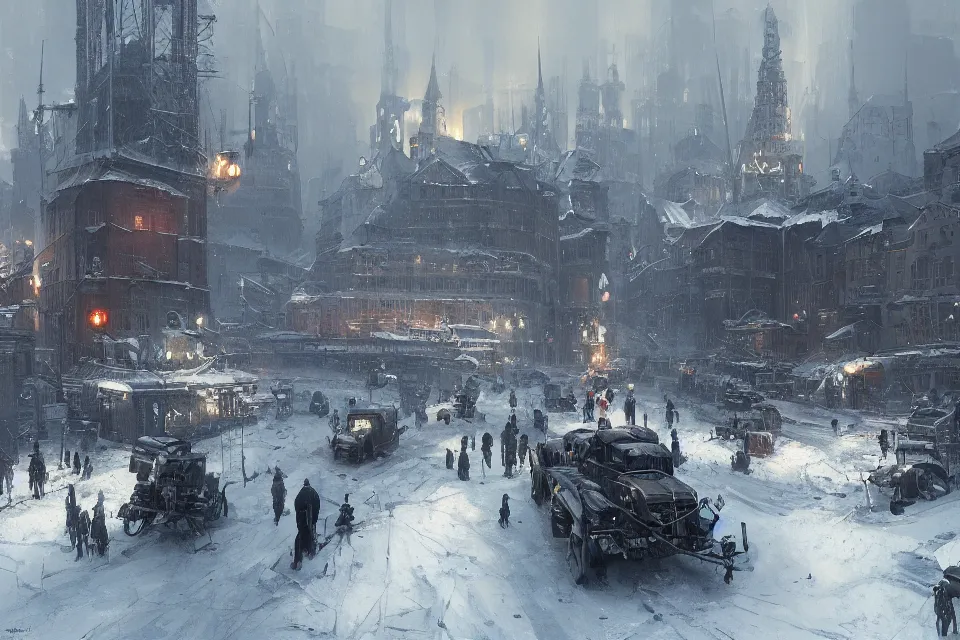 Image similar to highly detailed painting of dieselpunk stockholm, winter, snow, dystopia, by greg rutkowski, 4 k resolution, trending on artstation