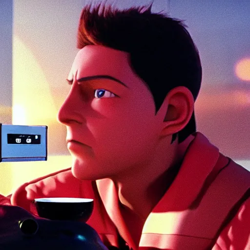 Image similar to a hyperrealistic octane render of max from flight of the navigator having coffee with hal 9 0 0 0, unreal engine, 8 k, ultrarealistic, photorealism