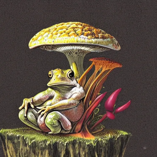 Image similar to A toad seated on an amanita-colored throne