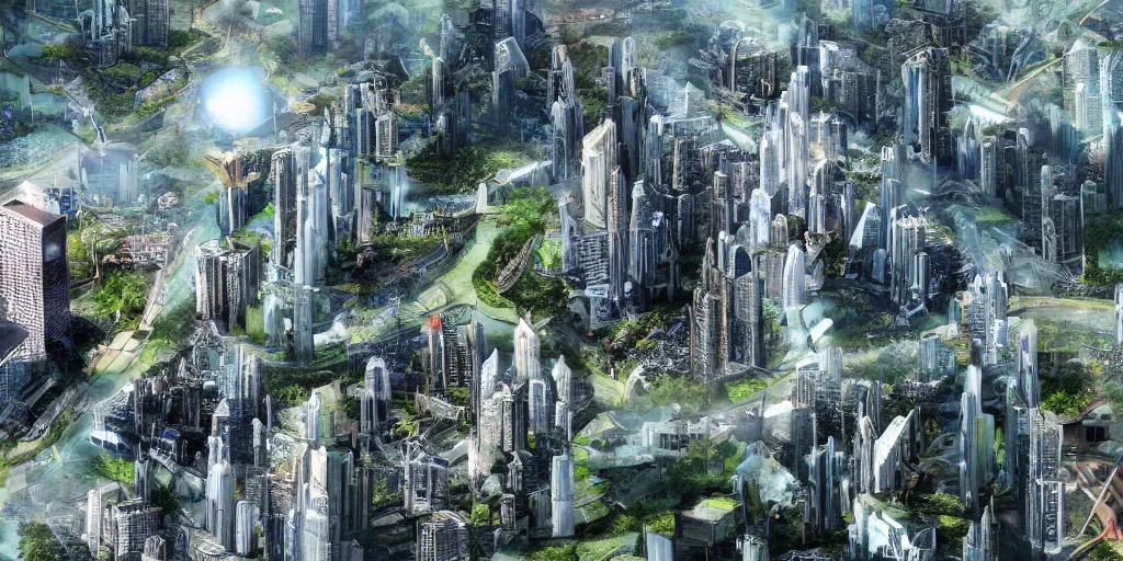 Image similar to future forest city attacked by spaceship, floating broken buildings, gravity mess, star trek, glory war, photograph