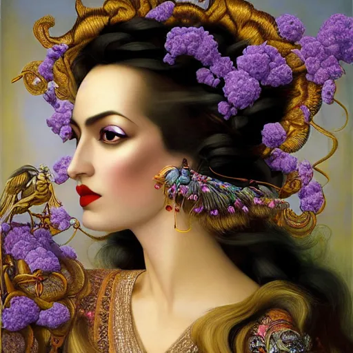 Prompt: dynamic composition, a painting of a woman with hair of flowers and peacock plummage, with lavender skin, wearing ornate earrings, a surrealist painting by tom bagshaw and jacek yerga and tamara de lempicka and jesse king, featured on cgsociety, pop surrealism, surrealist, dramatic lighting, wiccan, pre - raphaelite, ornate gilded details