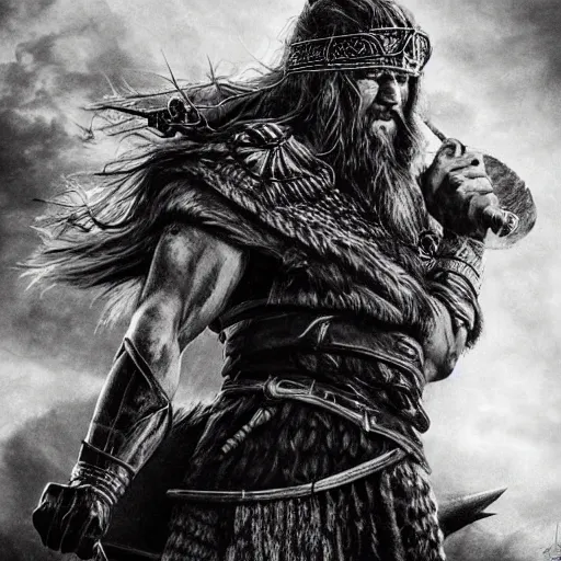 Image similar to viking, dramatic lighting, highly detailed, epic battle scene, black and white, wlop, artgerm