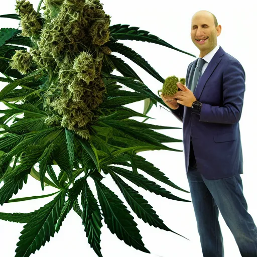 Image similar to naftali Bennett holding a giant marijuana plant, amazing digital art, highly detailed