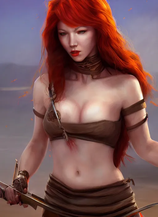 Image similar to Redhead girl which chest wrapped in bandages with katana in desert, fantasy, medieval, vivid colors, fantasy, elegant, concept art, sharp focus, beautiful face, digital art, Hyper-realistic, 4K, Unreal Engine, Highly Detailed, HD, Dramatic Lighting by Brom, trending on Artstation