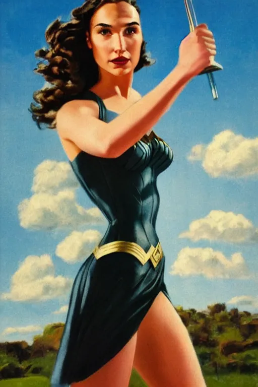 Image similar to full body portrait of gal gadot in the style of bill medcalf, blue sky with a few clouds, retro, 1 9 5 0, 4 k, detailed, 1 / 3 headroom, rule of thirds