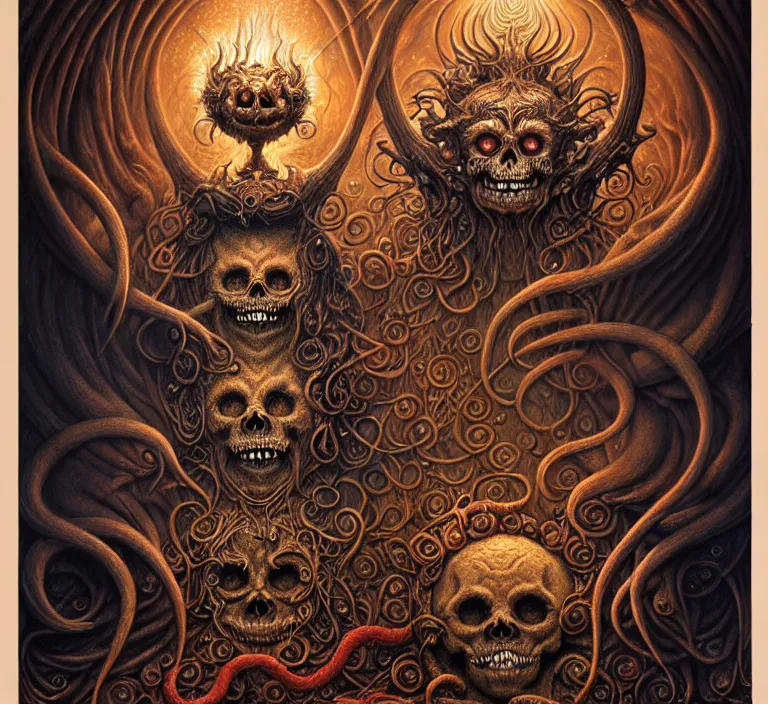 Image similar to A beautiful detailed grotesque monster super cute tarot card, by tomasz alen kopera and Justin Gerard, symmetrical features, ominous, magical realism, texture, intricate, ornate, royally decorated, skull, skeleton, whirling smoke, embers, red adornements, red torn fabric, radiant colors, fantasy, trending on artstation, volumetric lighting, micro details, 3d sculpture, ray tracing, 8k, anaglyph effect, digital art